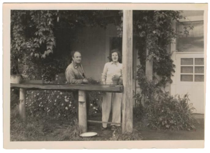 Gray Smith and Joy Hester standing outside their house at Avonsleigh, Victoria, mid 1950s