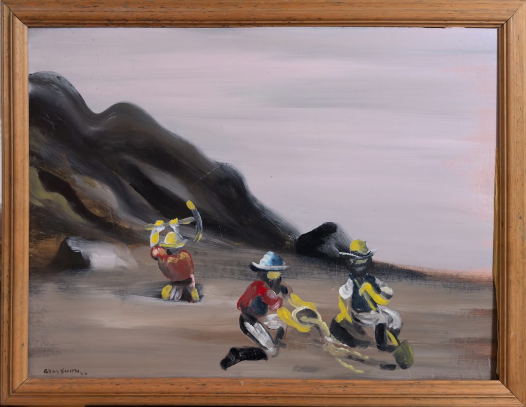 Painting by Gray Smith showing three gold prospectors working at Duntroon, Canberra, 1966
