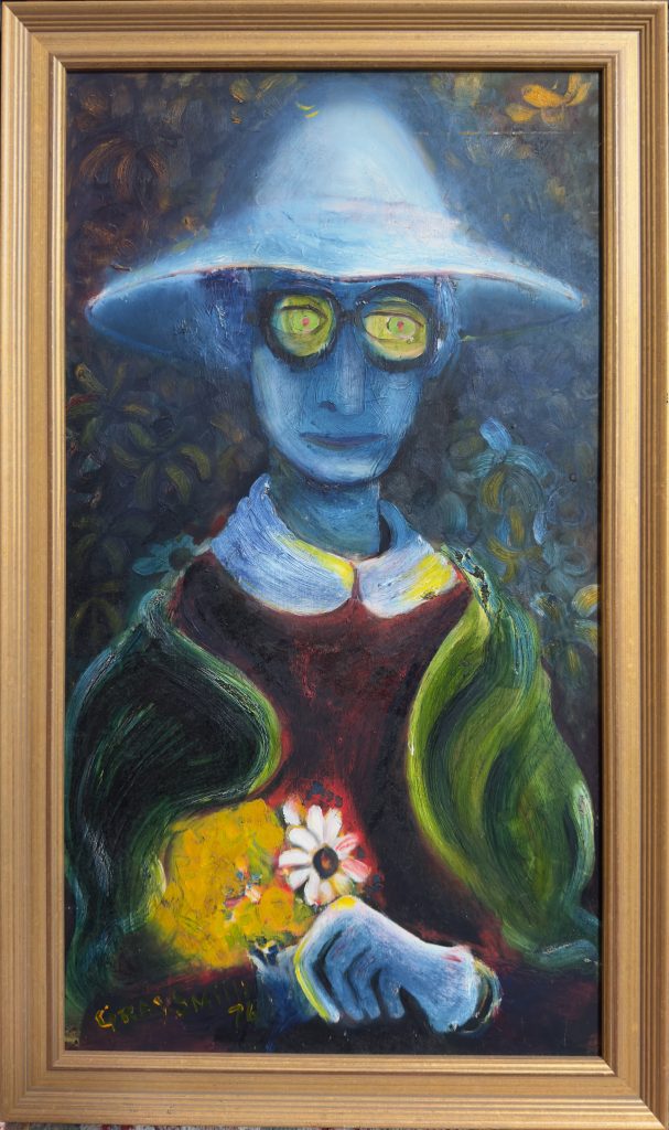 Portrait of Daisy Bates painted by Gray Smith in 1976, showing Bates wearing a wide-brimmed hat and glasses