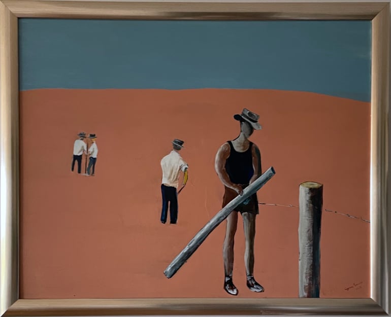 Gray Smith painting Fencer showing a man installing a fence post in an open landscape.