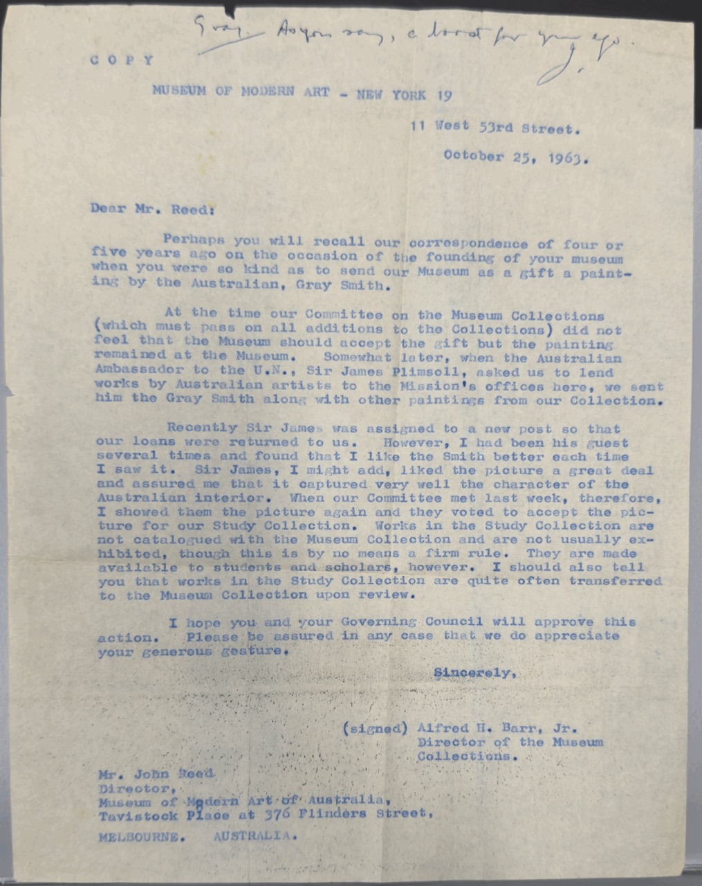Typed letter from Alfred H. Barr Jr. to John Reed dated 25 October 1963 discussing Gray Smith’s painting The Tank at MoMA