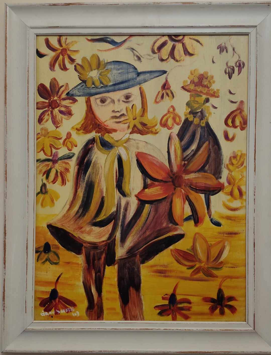 Gray Smith, Falling Flowers, 1967, painting of a young woman in a blue bonnet surrounded by falling flowers