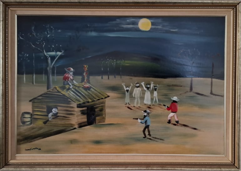 Painting of a moonlit bushranger scene at Moore’s Station, with figures holding up a group near a timber hut under a dark night sky.