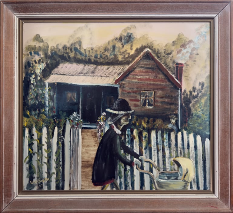 Gray Smith’s 1967 painting My Father’s House (La Maison de Mon Père), showing a figure at a white picket fence in front of a timber house with trees behind.