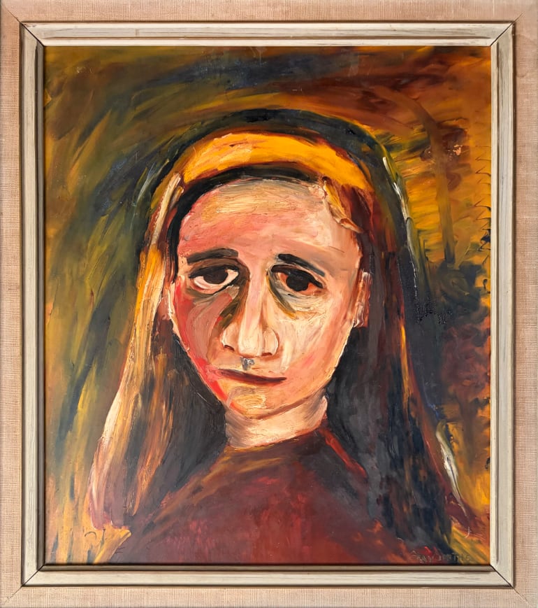 Oil portrait of a young woman with long dark hair partly covered by a mustard-yellow headscarf or band, painted in loose expressionist brushwork with dark shadowed eyes and a red-toned face and neck against a green and ochre background.